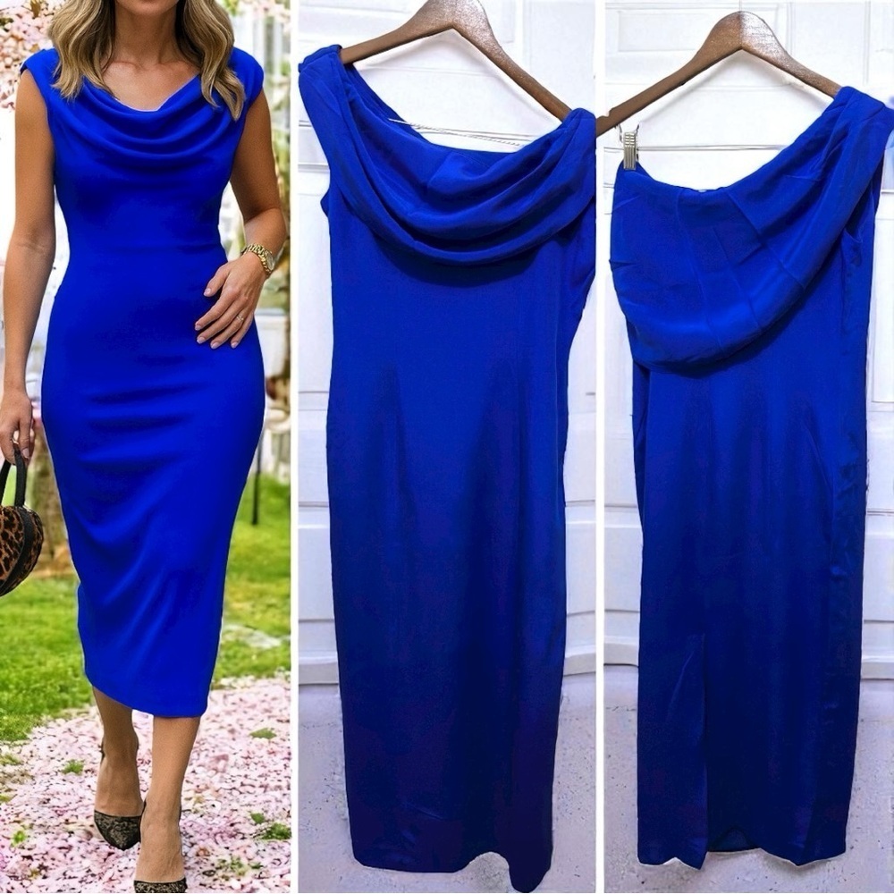 326 Spenser Jeremy | NWOT 100% Silk Royal Blue Cowl Neck Maxi Dress (Size 8) - Picture 1 of 11